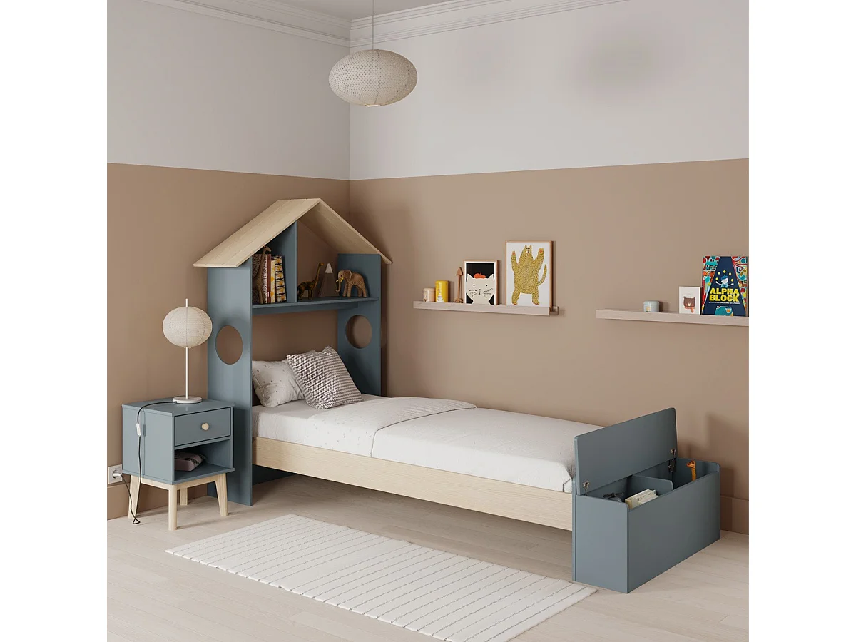Lit enfant 90x190 cm en bois vert kaki avec tête de lit cabane et coffre de rangement - Anatole