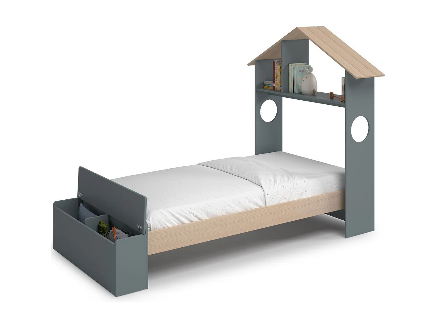 Lit enfant 90x190 cm en bois vert kaki avec tête de lit cabane et coffre de rangement - Anatole