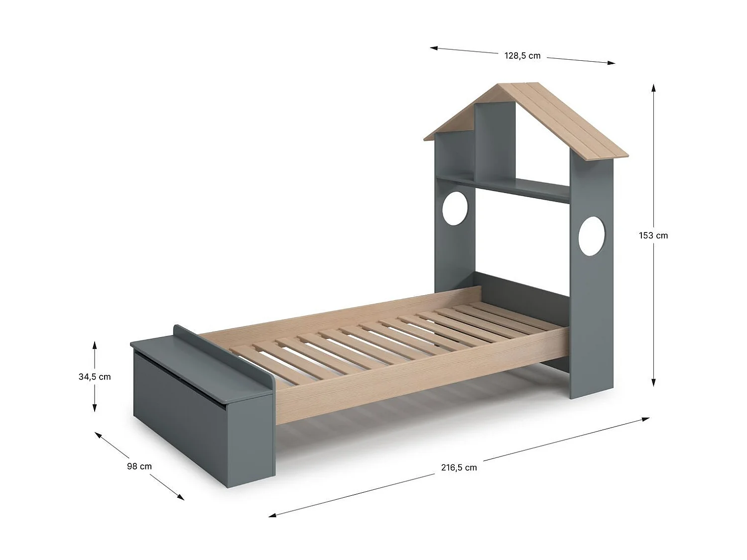 Lit enfant 90x190 cm en bois vert kaki avec tête de lit cabane et coffre de rangement - Anatole