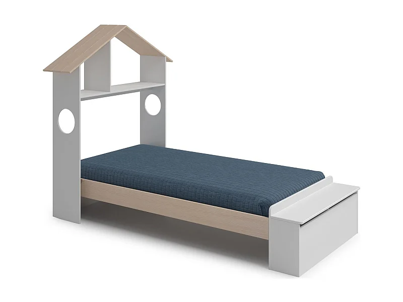 Lit enfant 90x190 cm en bois blanc avec tête de lit cabane et coffre de rangement - Anatole