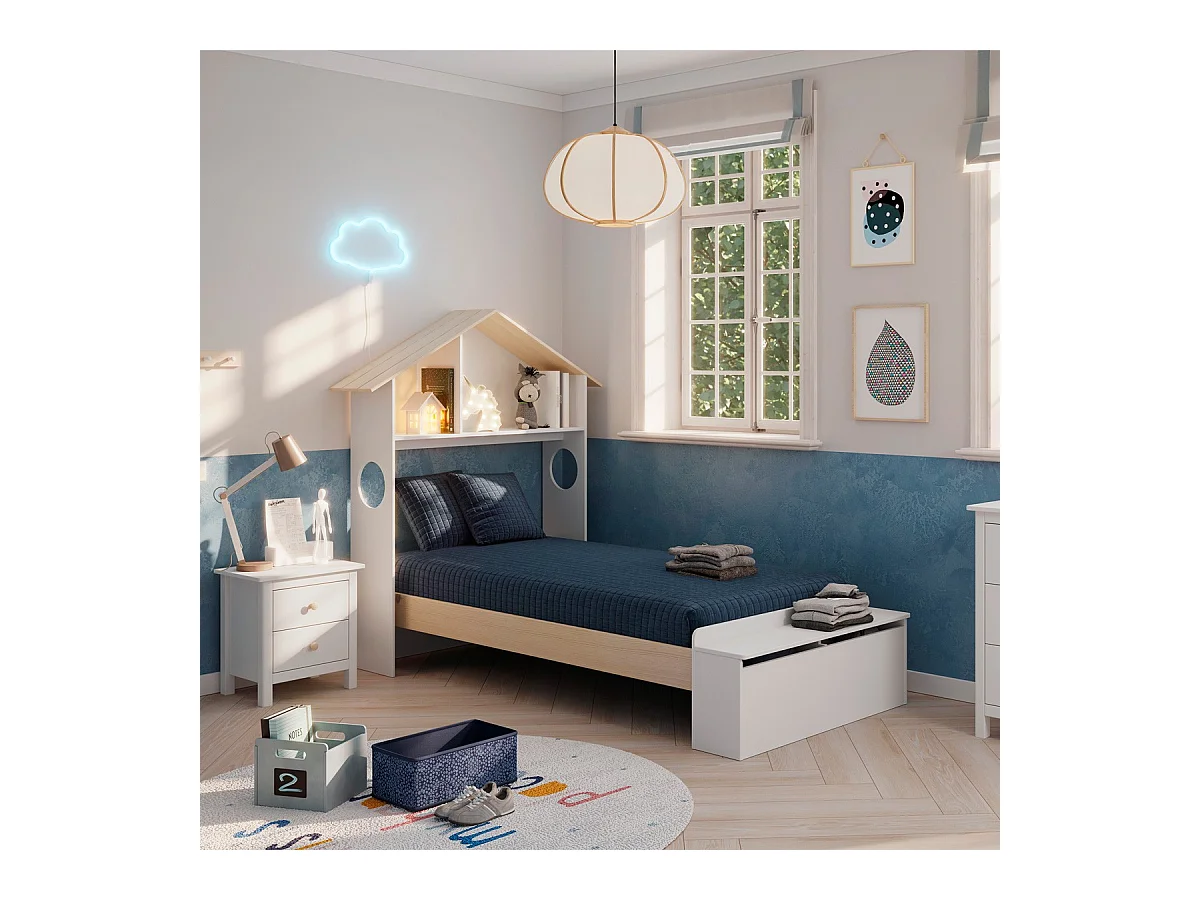 Lit enfant 90x190 cm en bois blanc avec tête de lit cabane et coffre de rangement - Anatole