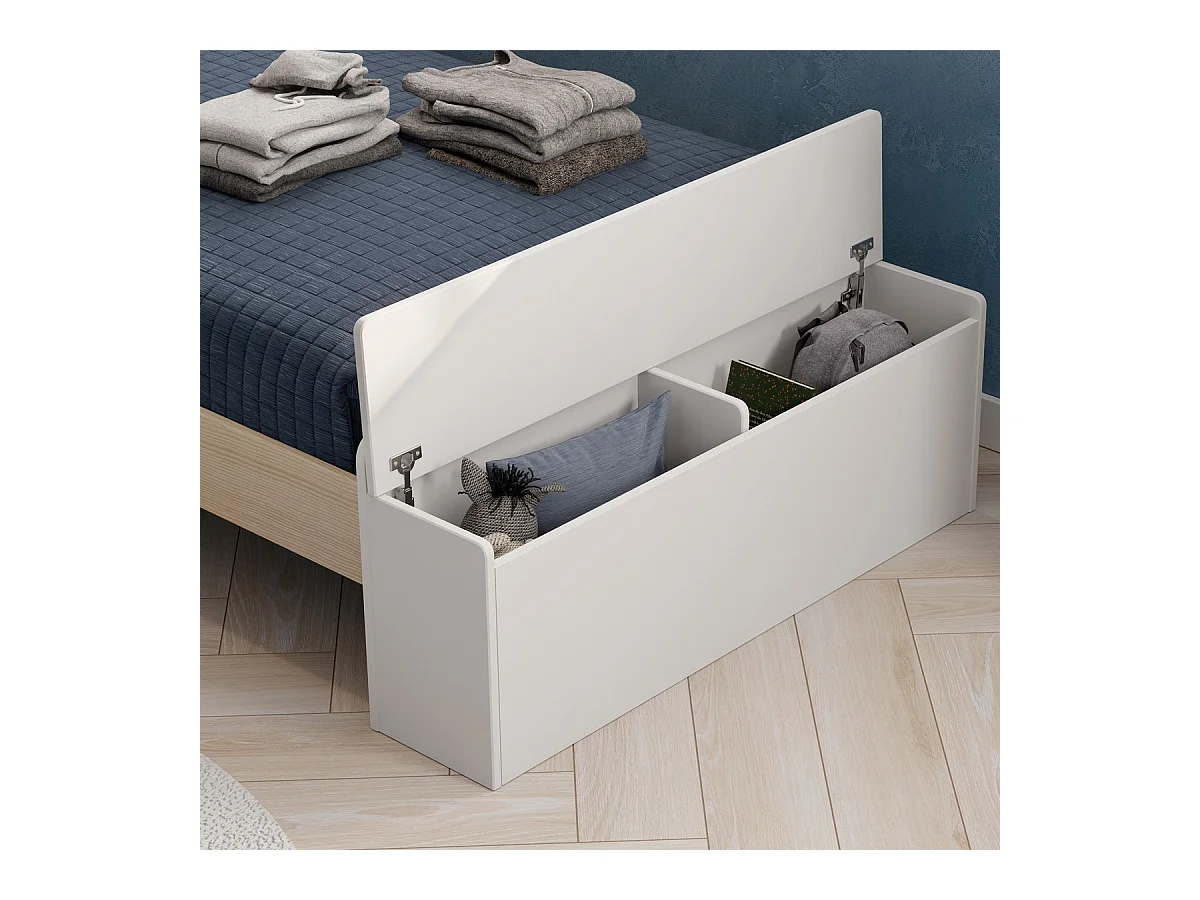 Lit enfant 90x190 cm en bois blanc avec tête de lit cabane et coffre de rangement - Anatole