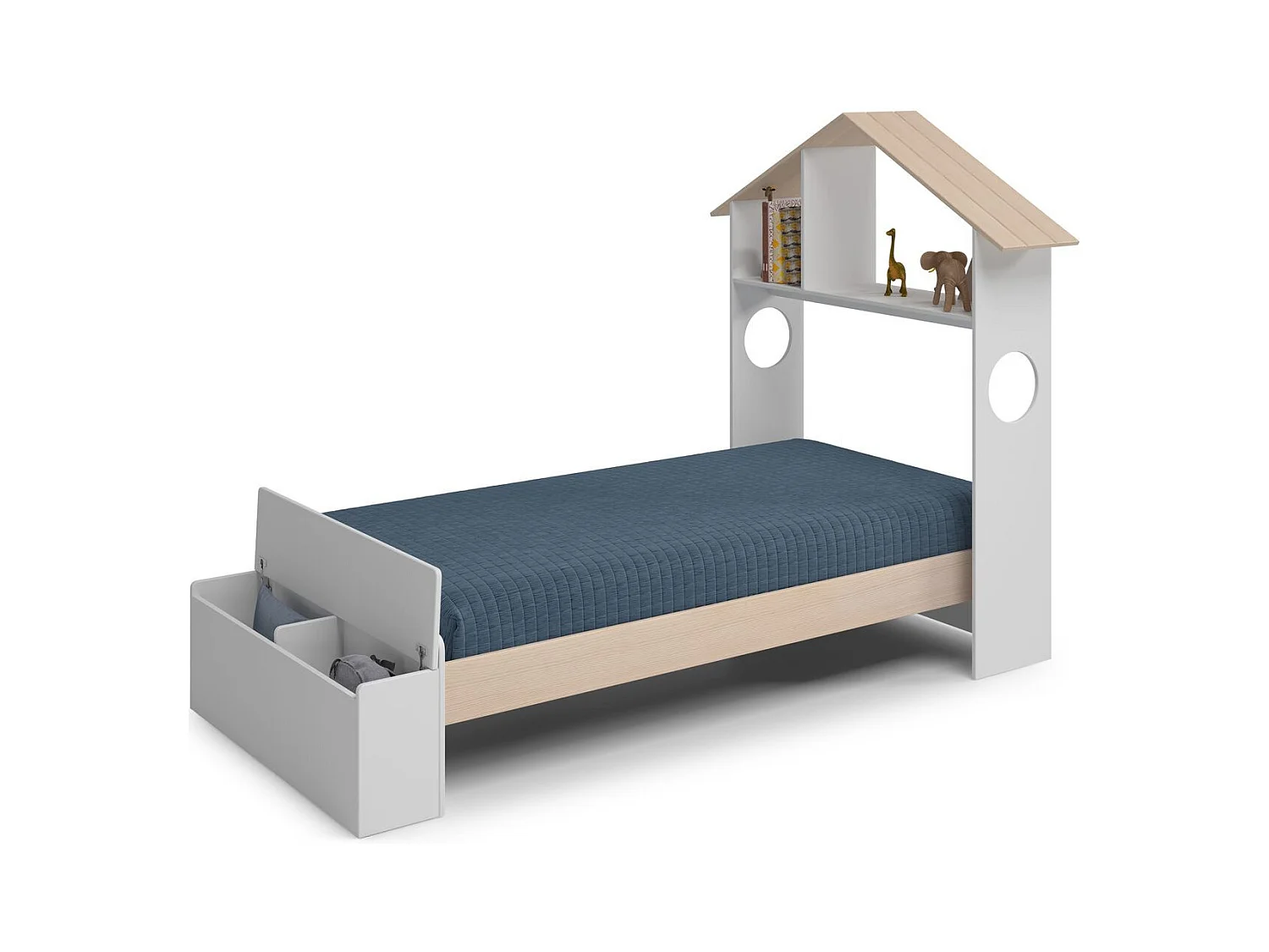 Lit enfant 90x190 cm en bois blanc avec tête de lit cabane et coffre de rangement - Anatole