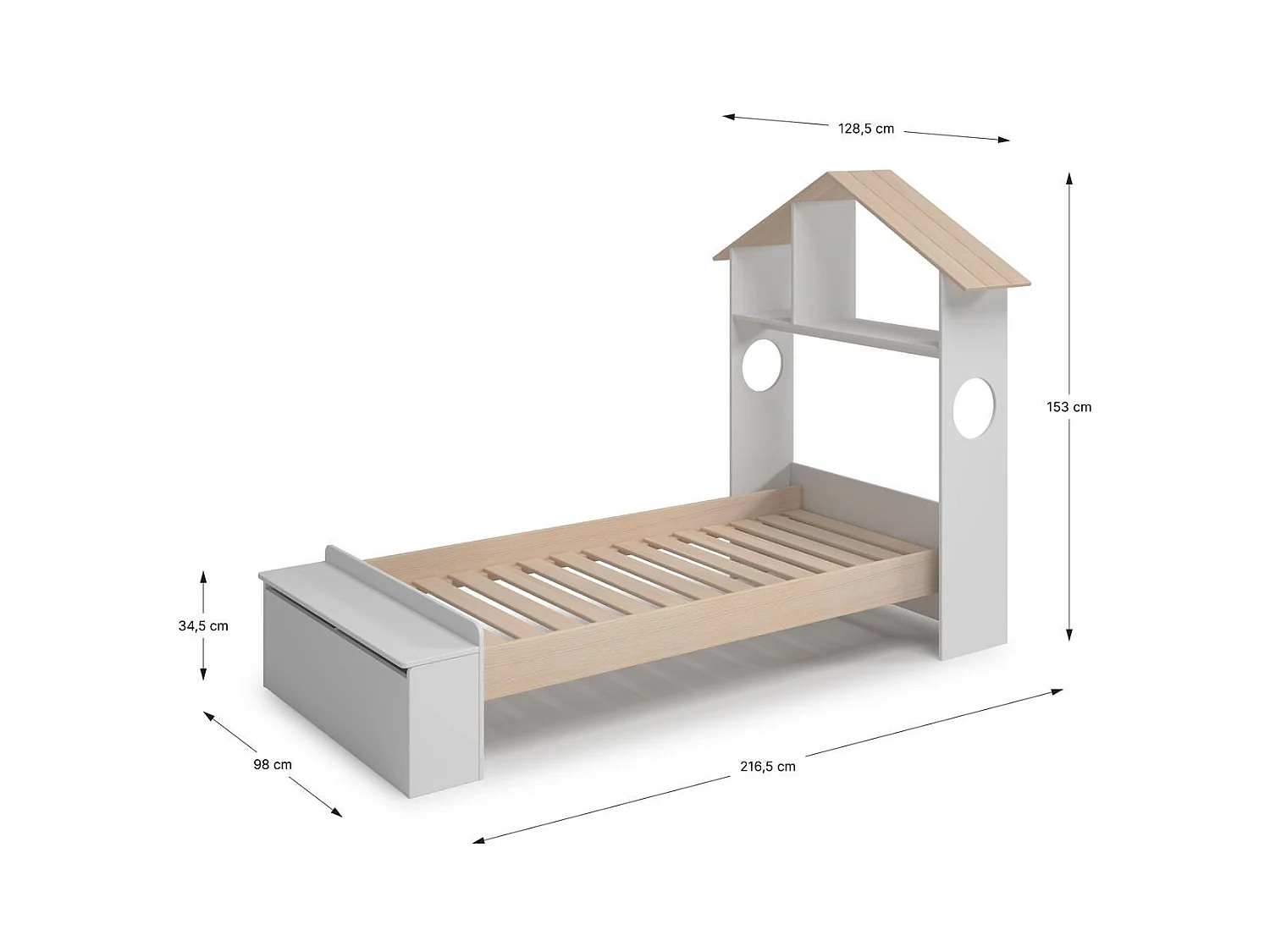 Lit enfant 90x190 cm en bois blanc avec tête de lit cabane et coffre de rangement - Anatole