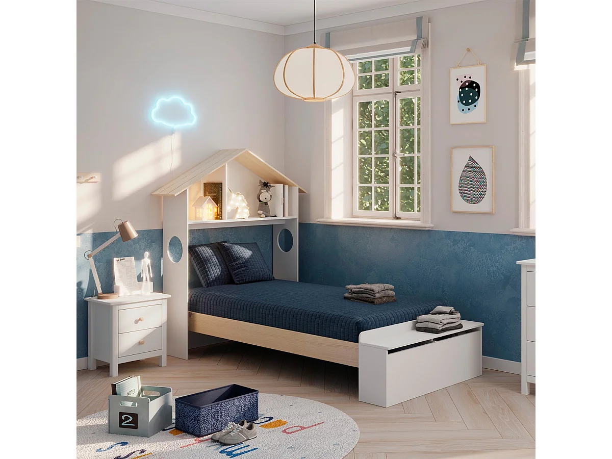 Lit enfant 90x190 cm en bois blanc avec tête de lit cabane et coffre de rangement - Anatole