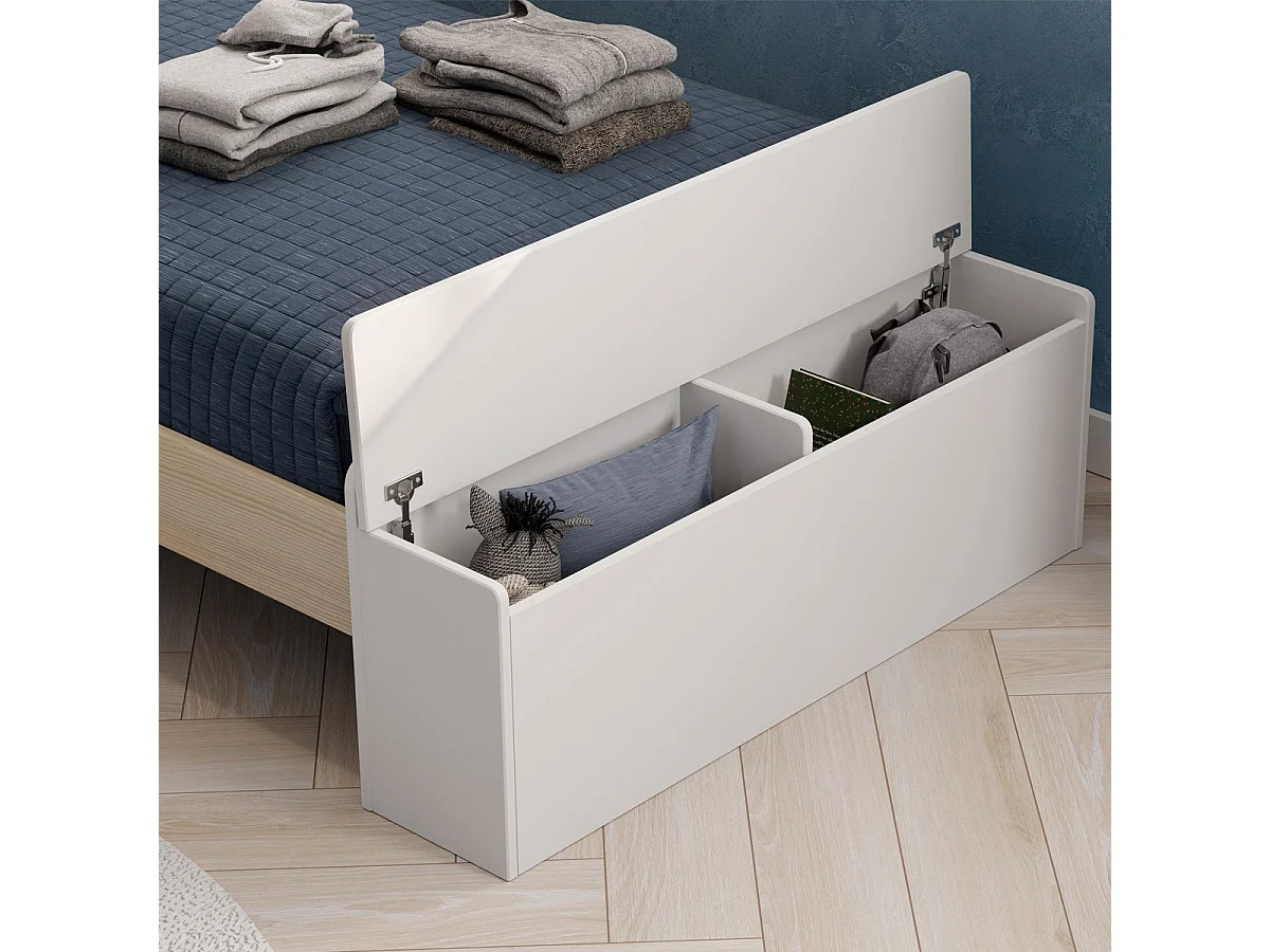 Lit enfant 90x190 cm en bois blanc avec tête de lit cabane et coffre de rangement - Anatole