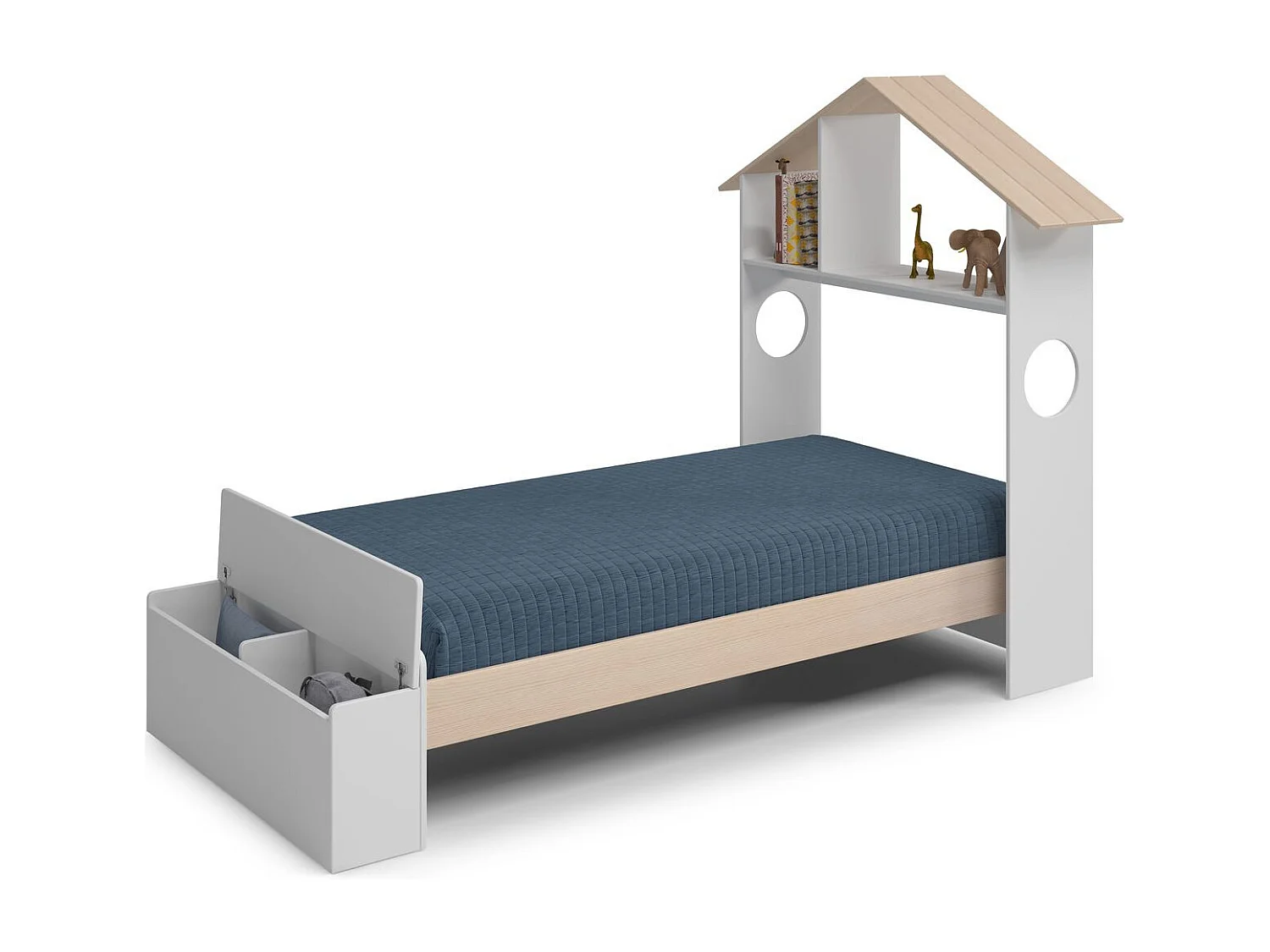 Lit enfant 90x190 cm en bois blanc avec tête de lit cabane et coffre de rangement - Anatole