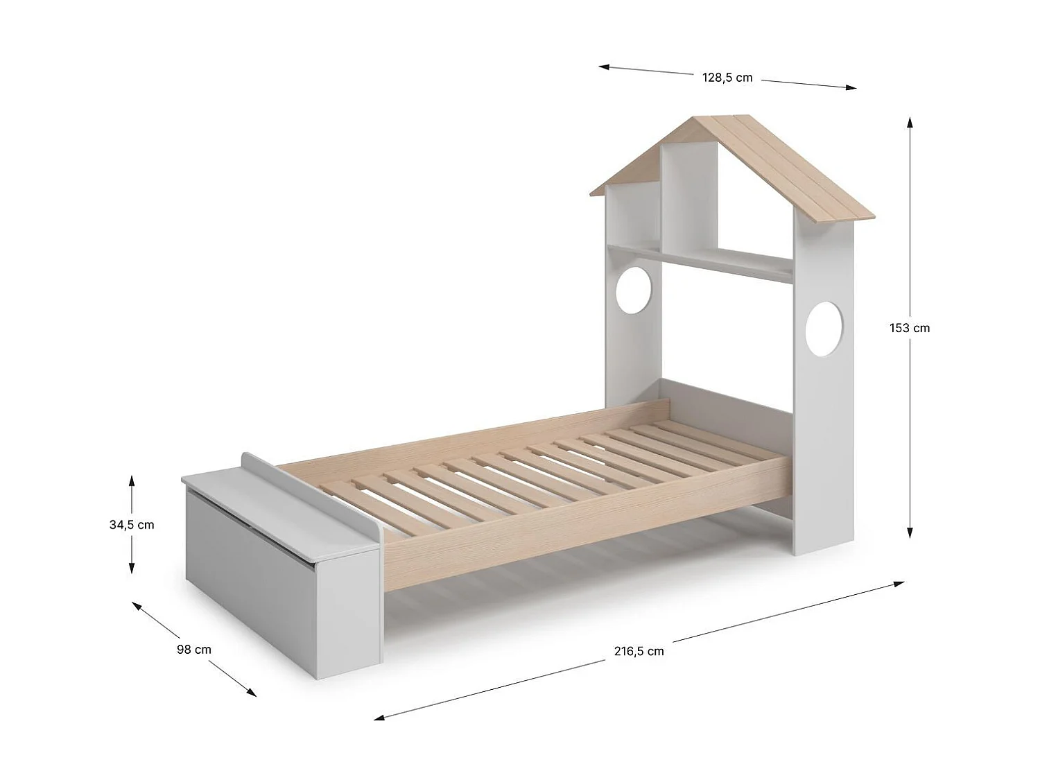Lit enfant 90x190 cm en bois blanc avec tête de lit cabane et coffre de rangement - Anatole