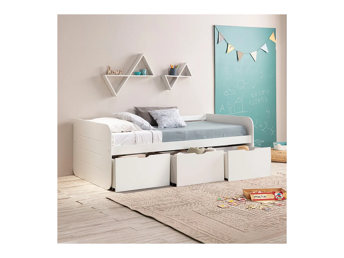 Lit banquette enfant 90x190 cm en bois blanc avec tiroirs de rangement - Lio