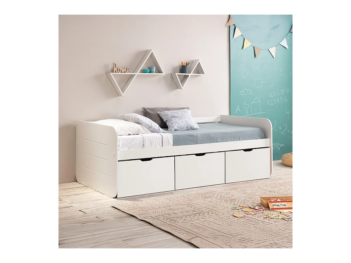 Lit banquette enfant 90x190 cm en bois blanc avec tiroirs de rangement - Lio