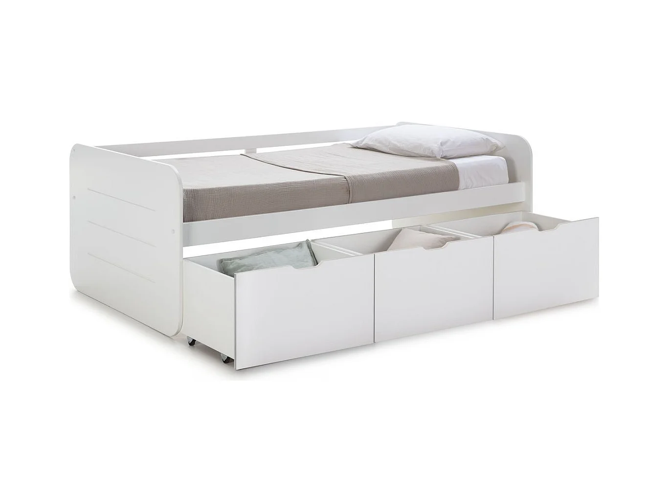 Lit banquette enfant 90x190 cm en bois blanc avec tiroirs de rangement - Lio