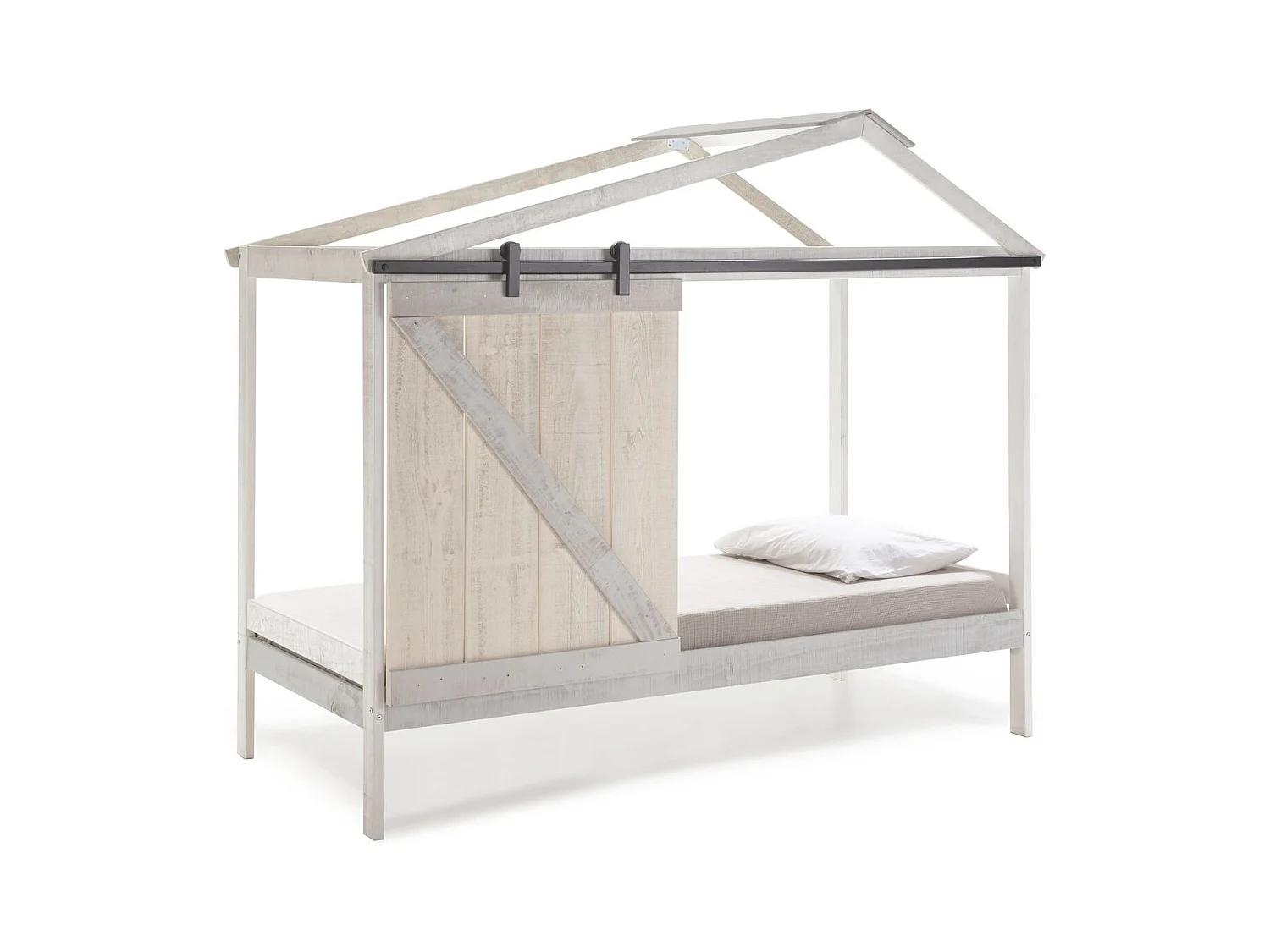Lit cabane enfant rustique 90x190 cm en bois blanc/gris - Emile