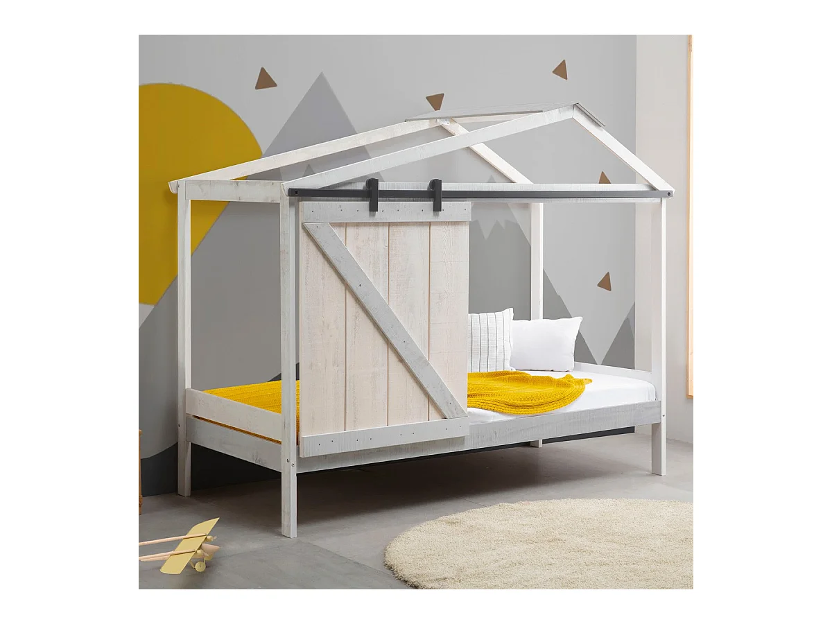 Lit cabane enfant rustique 90x190 cm en bois blanc/gris - Emile