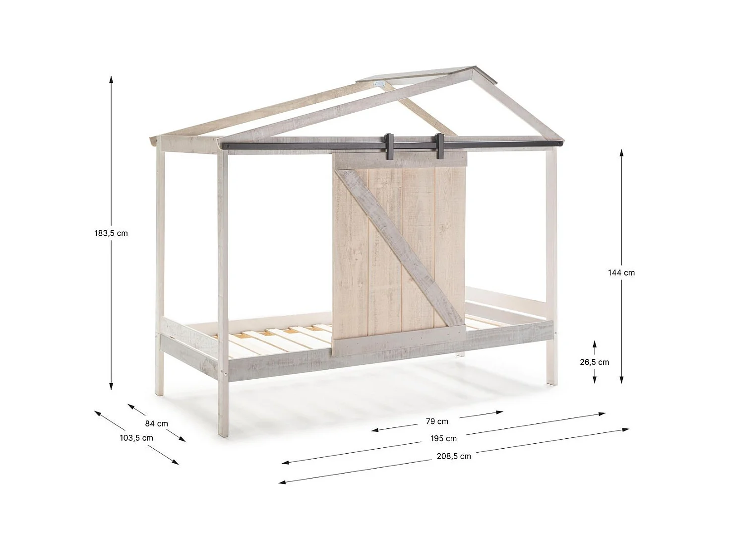 Lit cabane enfant rustique 90x190 cm en bois blanc/gris - Emile