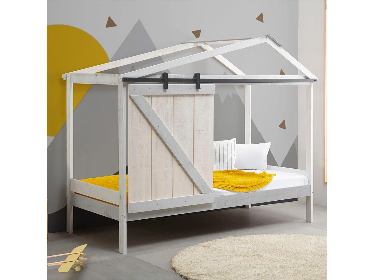 Lit cabane enfant rustique 90x190 cm en bois blanc/gris - Emile