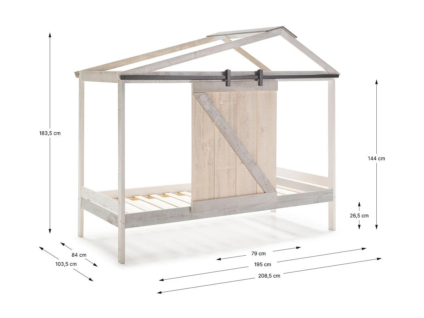 Lit cabane enfant rustique 90x190 cm en bois blanc/gris - Emile