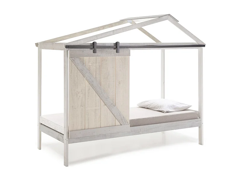Lit cabane enfant rustique 90x190 cm en bois blanc/gris - Emile