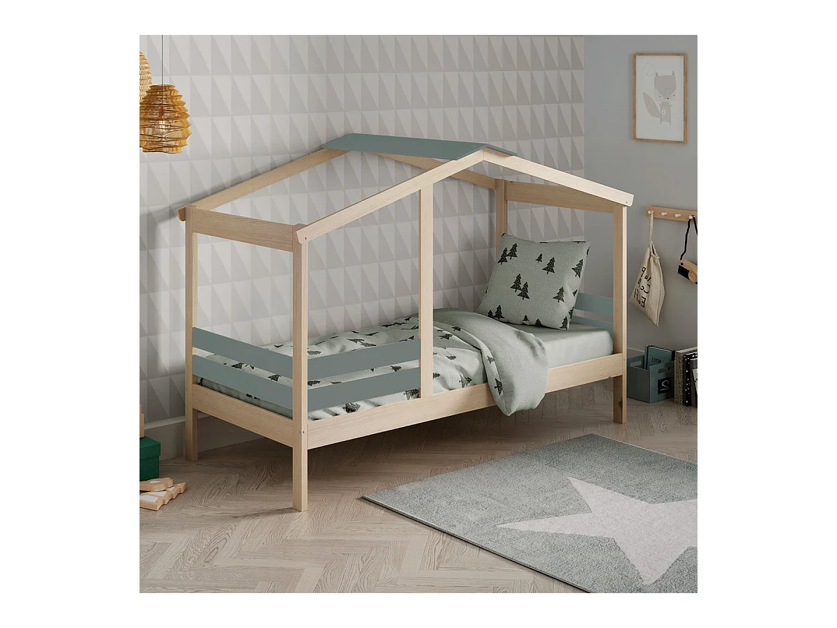 Lit cabane enfant 90x190 cm en bois clair/vert kaki - Violette