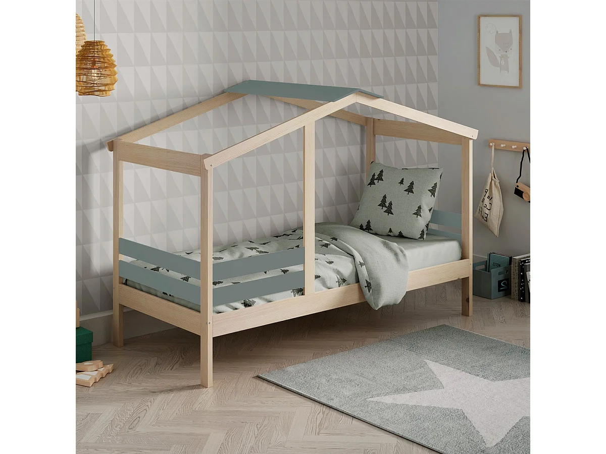 Lit cabane enfant 90x190 cm en bois clair/vert kaki - Violette