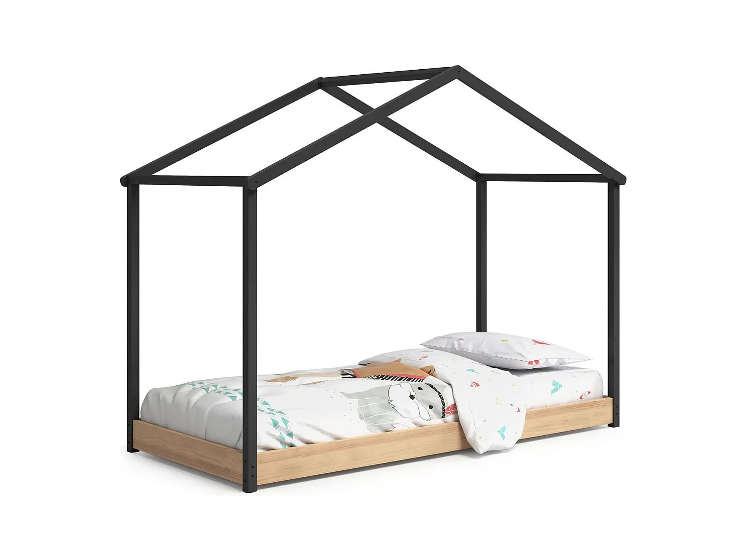 Lit cabane enfant 90x190 cm en bois clair/gris anthracite - Valentine