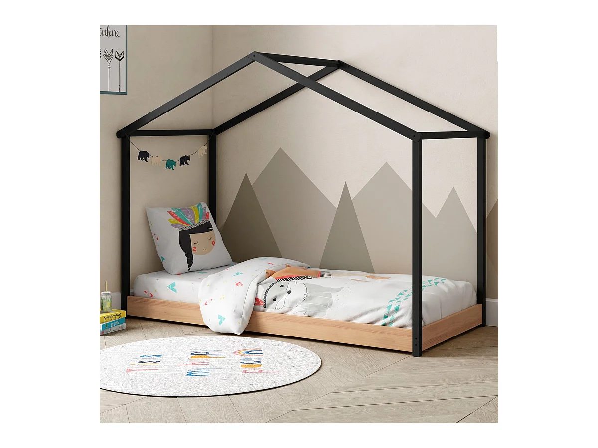 Lit cabane enfant 90x190 cm en bois clair/gris anthracite - Valentine