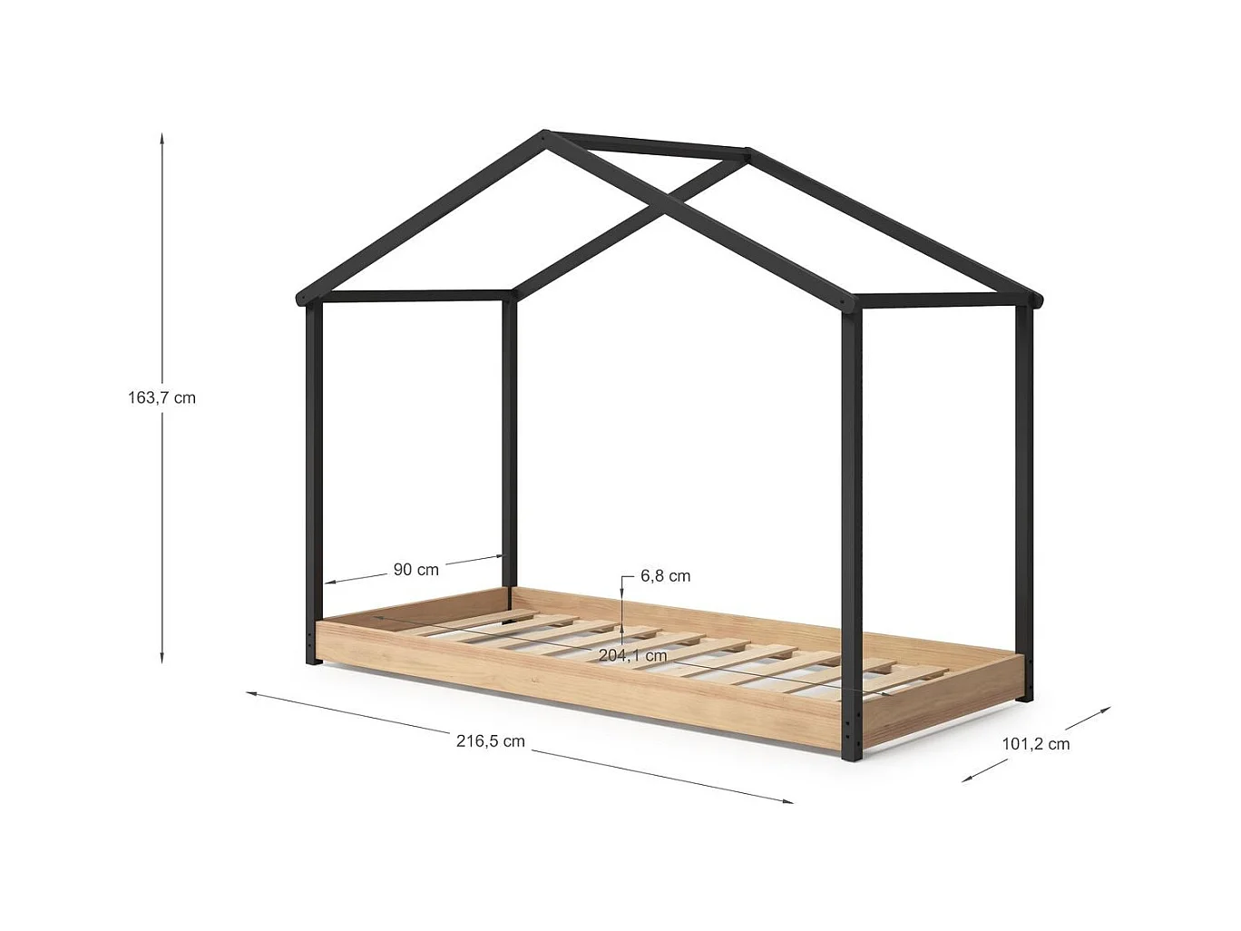 Lit cabane enfant 90x190 cm en bois clair/gris anthracite - Valentine