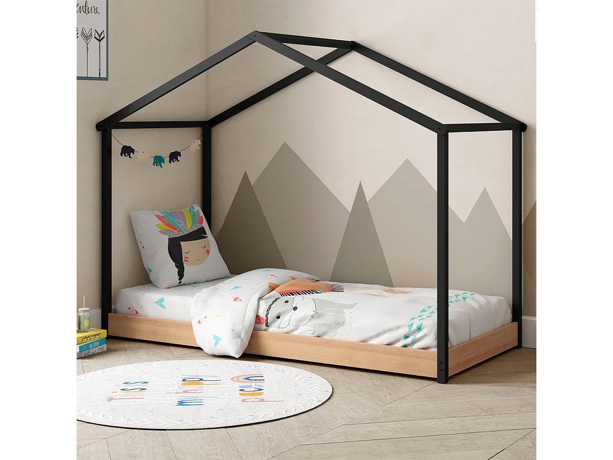 Lit cabane enfant 90x190 cm en bois clair/gris anthracite - Valentine