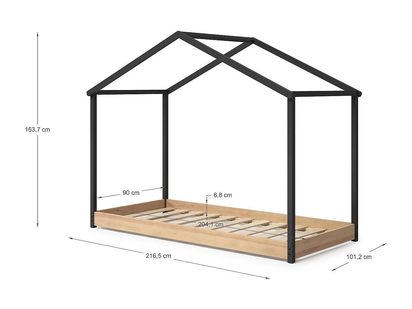 Lit cabane enfant 90x190 cm en bois clair/gris anthracite - Valentine