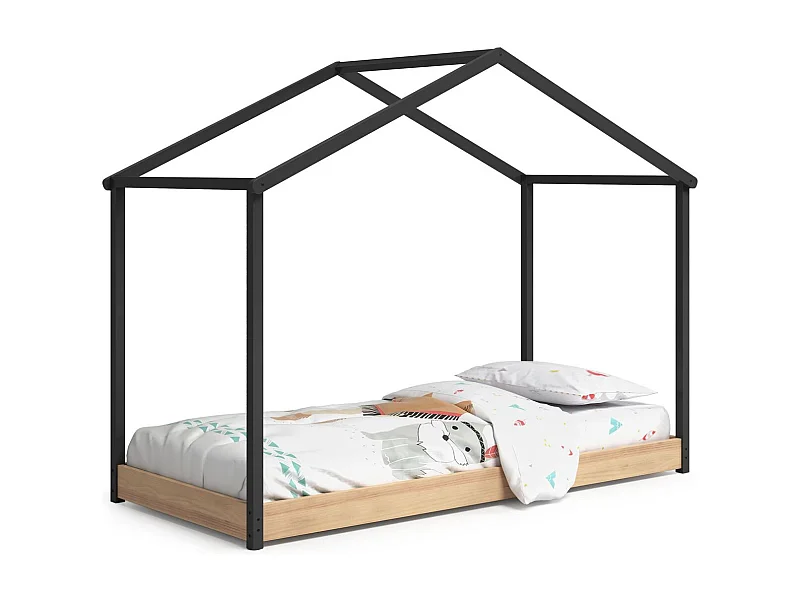 Lit cabane enfant 90x190 cm en bois clair/gris anthracite - Valentine
