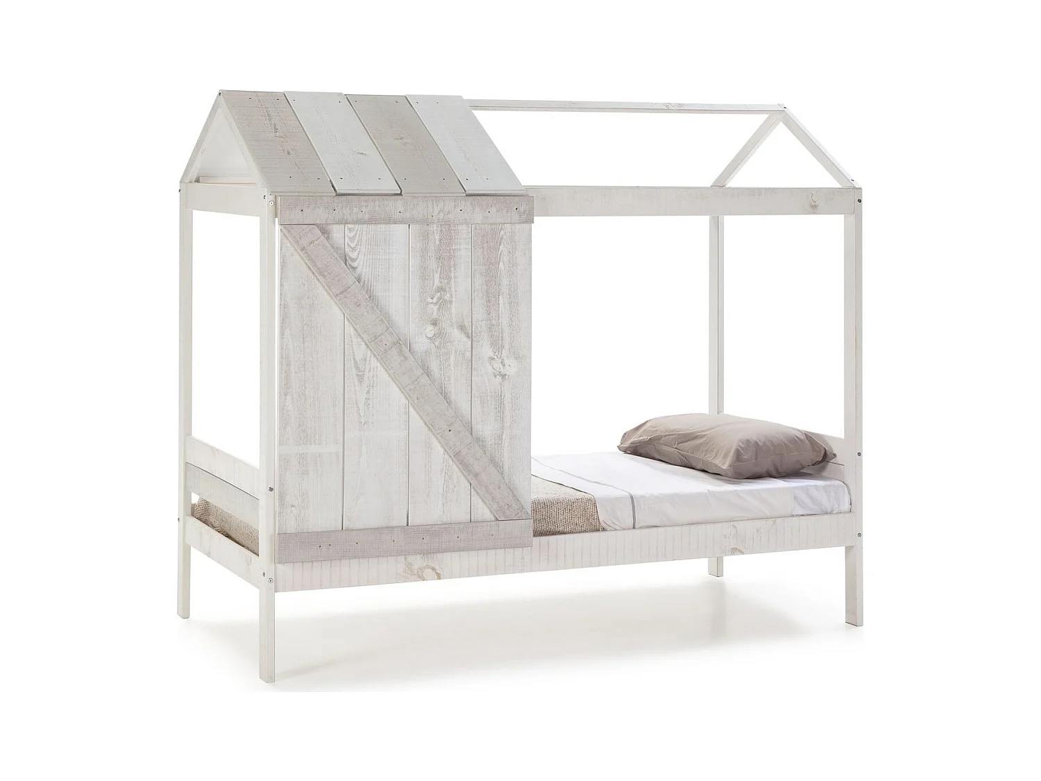 Lit cabane enfant rustique 90x190 cm en bois blanchi/gris - Alban