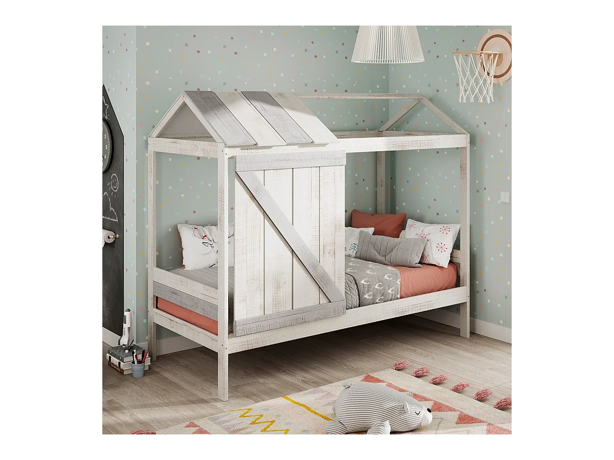 Lit cabane enfant rustique 90x190 cm en bois blanchi/gris - Alban