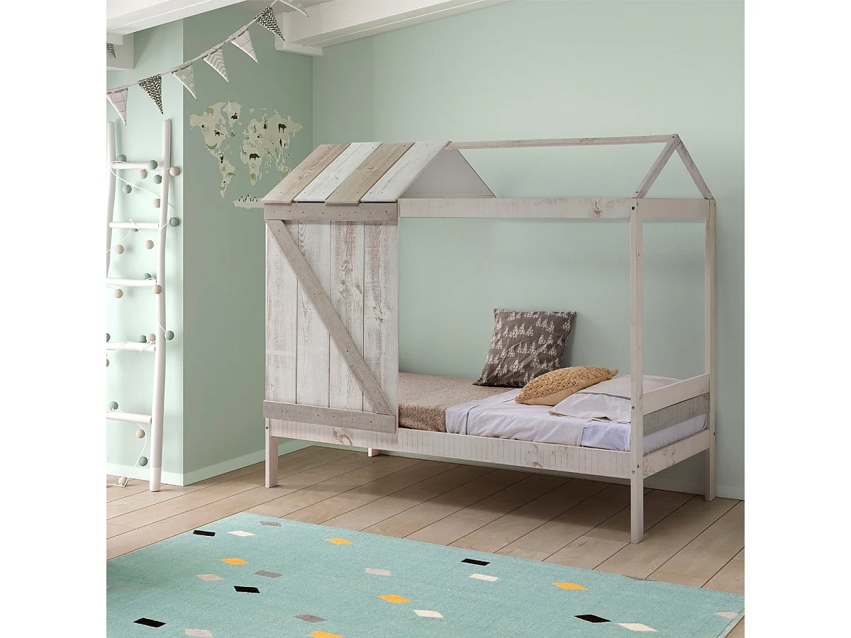 Lit cabane enfant rustique 90x190 cm en bois blanchi/gris - Alban