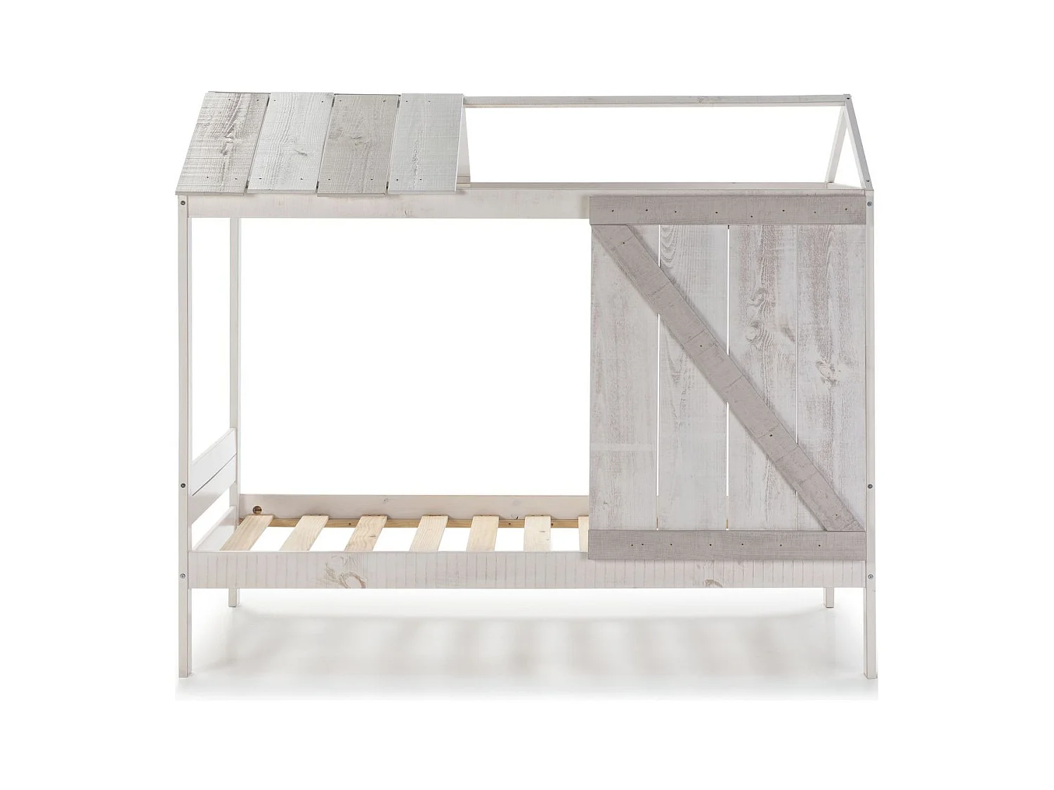 Lit cabane enfant rustique 90x190 cm en bois blanchi/gris - Alban