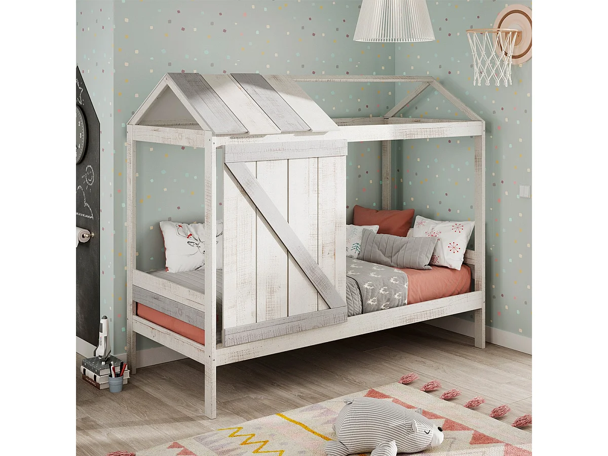 Lit cabane enfant rustique 90x190 cm en bois blanchi/gris - Alban