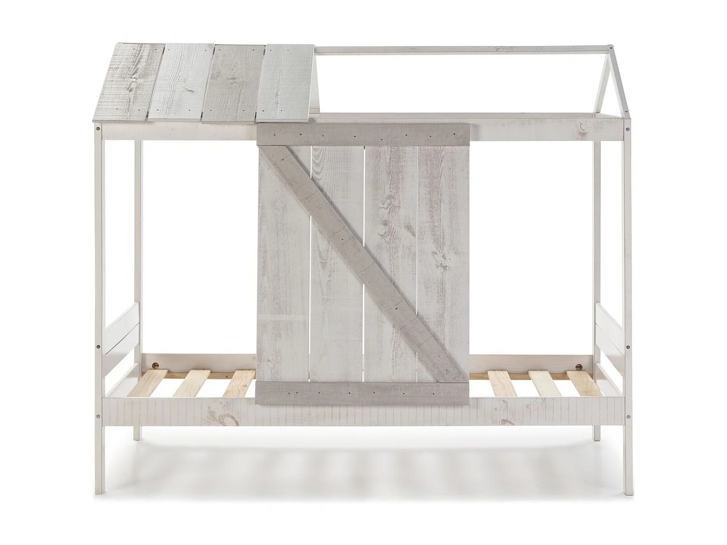 Lit cabane enfant rustique 90x190 cm en bois blanchi/gris - Alban