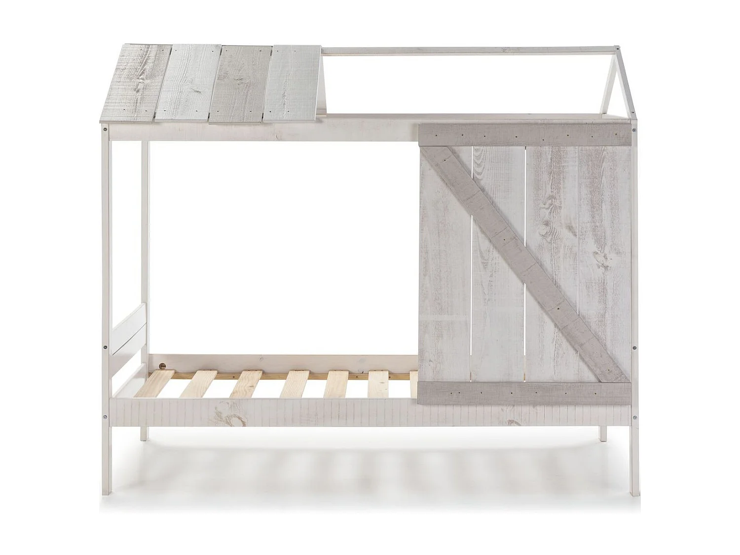 Lit cabane enfant rustique 90x190 cm en bois blanchi/gris - Alban