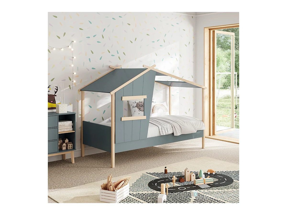 Lit cabane enfant 90x190 cm en bois vert kaki - Artus