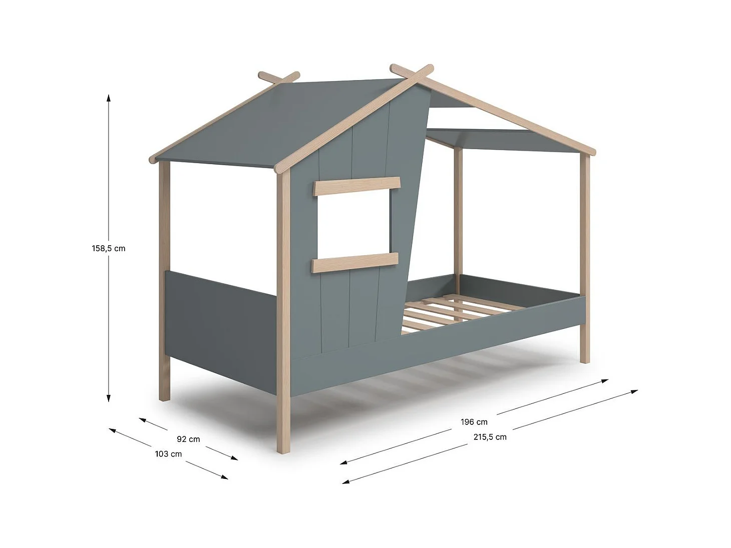 Lit cabane enfant 90x190 cm en bois vert kaki - Artus