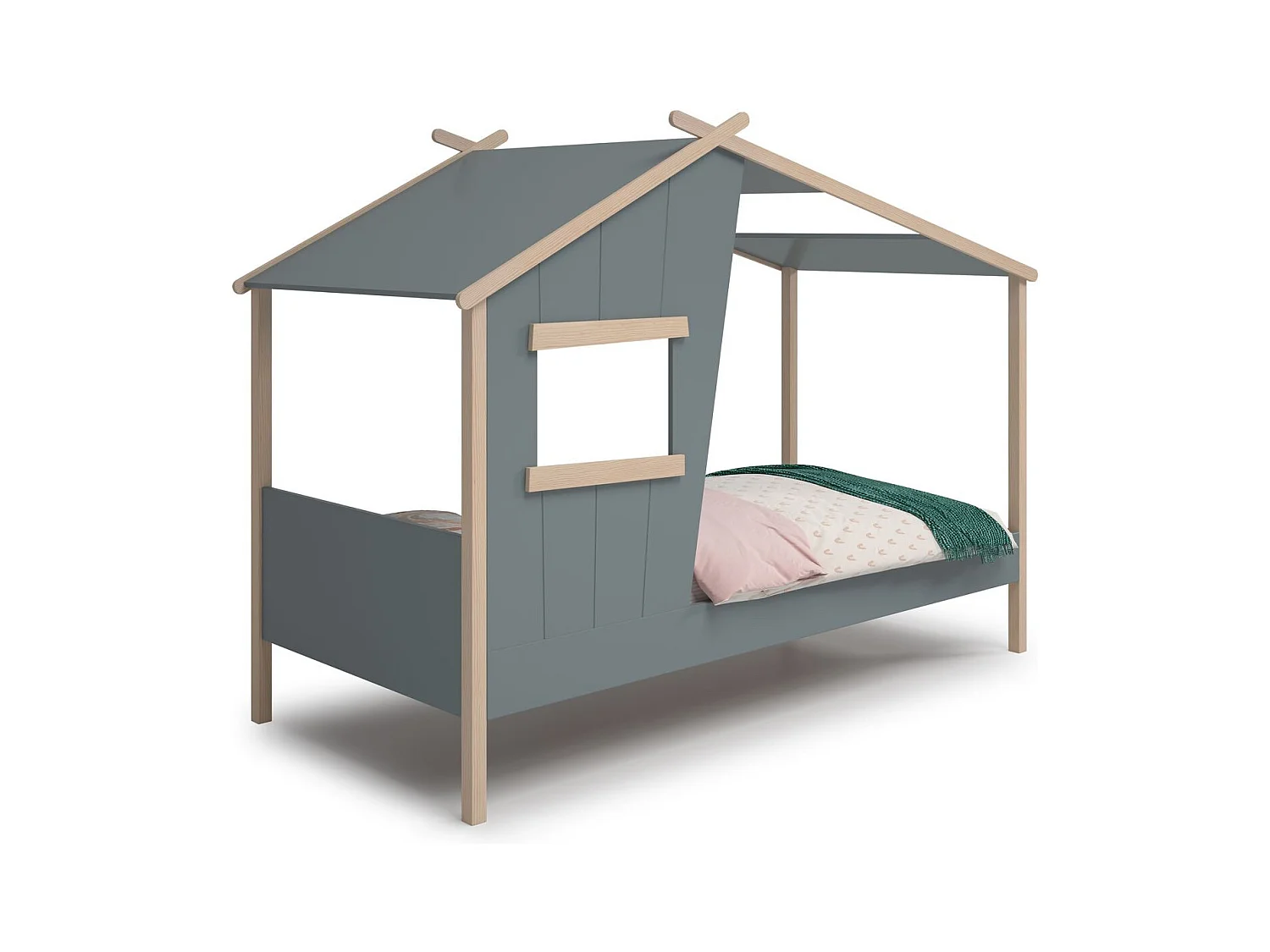 Lit cabane enfant 90x190 cm en bois vert kaki - Artus