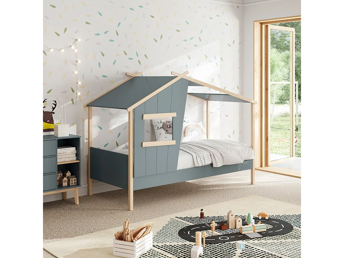 Lit cabane enfant 90x190 cm en bois vert kaki - Artus