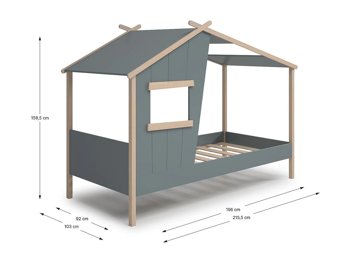 Lit cabane enfant 90x190 cm en bois vert kaki - Artus