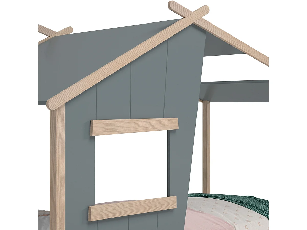 Lit cabane enfant 90x190 cm en bois vert kaki - Artus