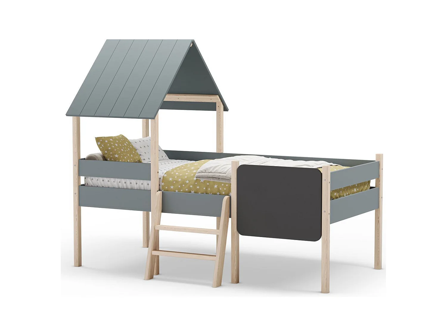 Lit cabane enfant 90x190 cm en bois vert kaki - Orea