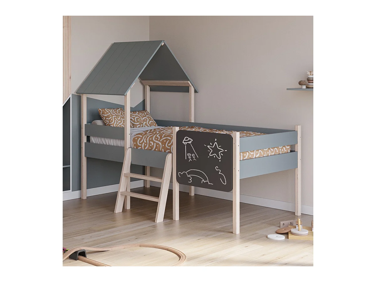 Lit cabane enfant 90x190 cm en bois vert kaki - Orea