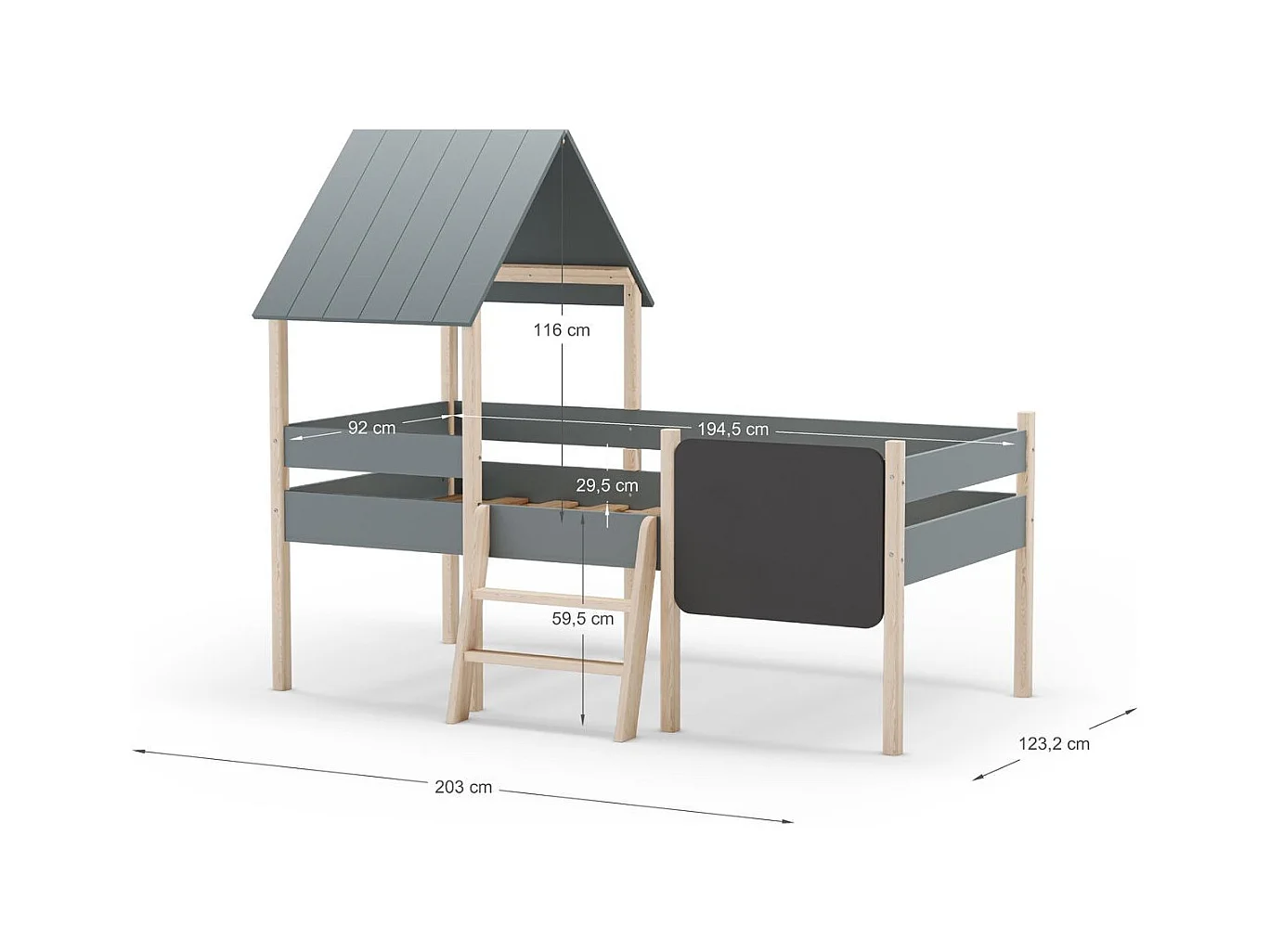 Lit cabane enfant 90x190 cm en bois vert kaki - Orea