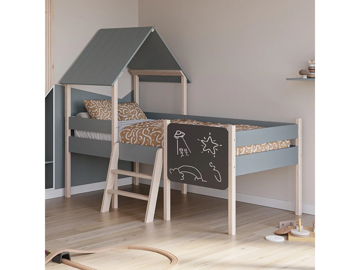 Lit cabane enfant 90x190 cm en bois vert kaki - Orea