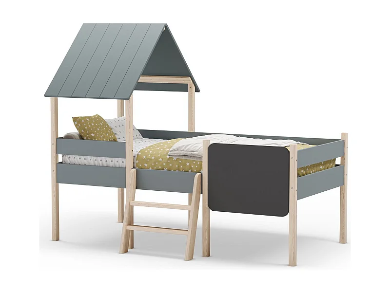 Lit cabane enfant 90x190 cm en bois vert kaki - Orea