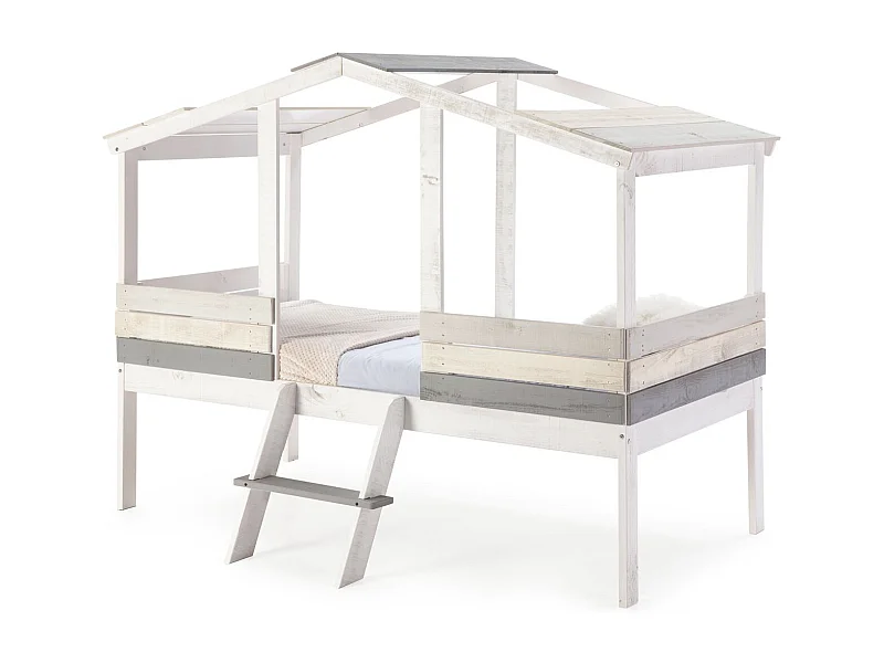 Lit cabane enfant rustique 90x190 cm en bois blanchi/gris - Martin