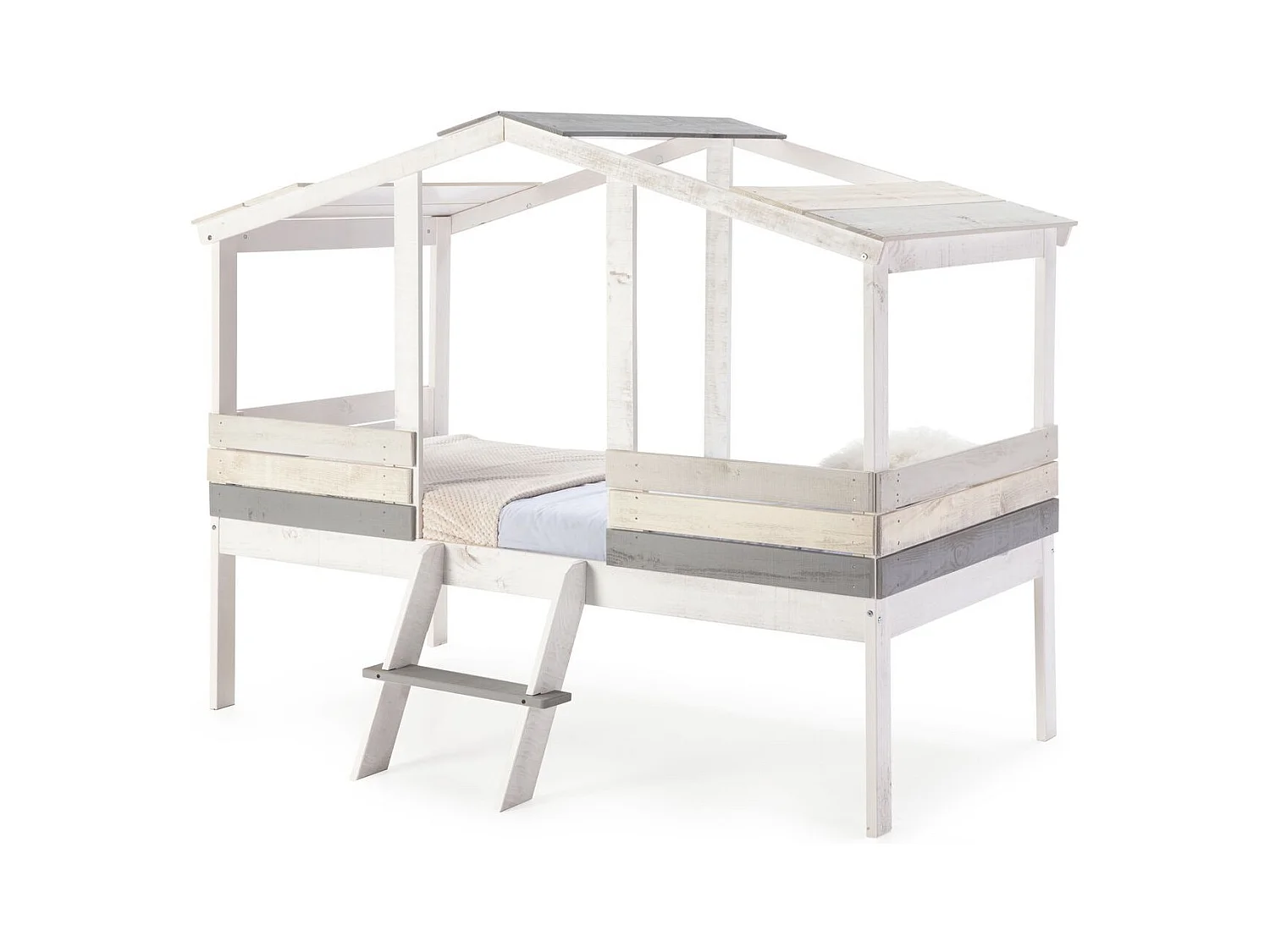 Lit cabane enfant rustique 90x190 cm en bois blanchi/gris - Martin