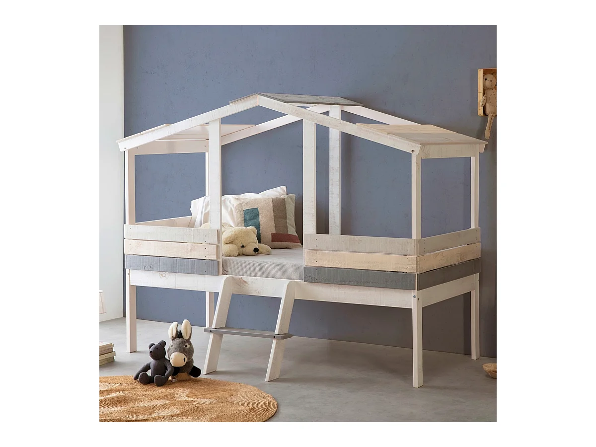 Lit cabane enfant rustique 90x190 cm en bois blanchi/gris - Martin